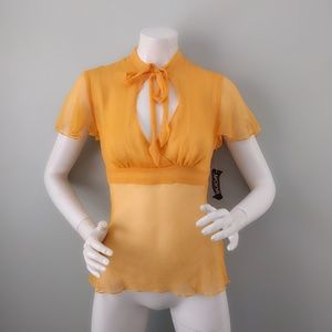 Yank Yellow Silk Chiffon Keyhole Tie Neck Blouse S